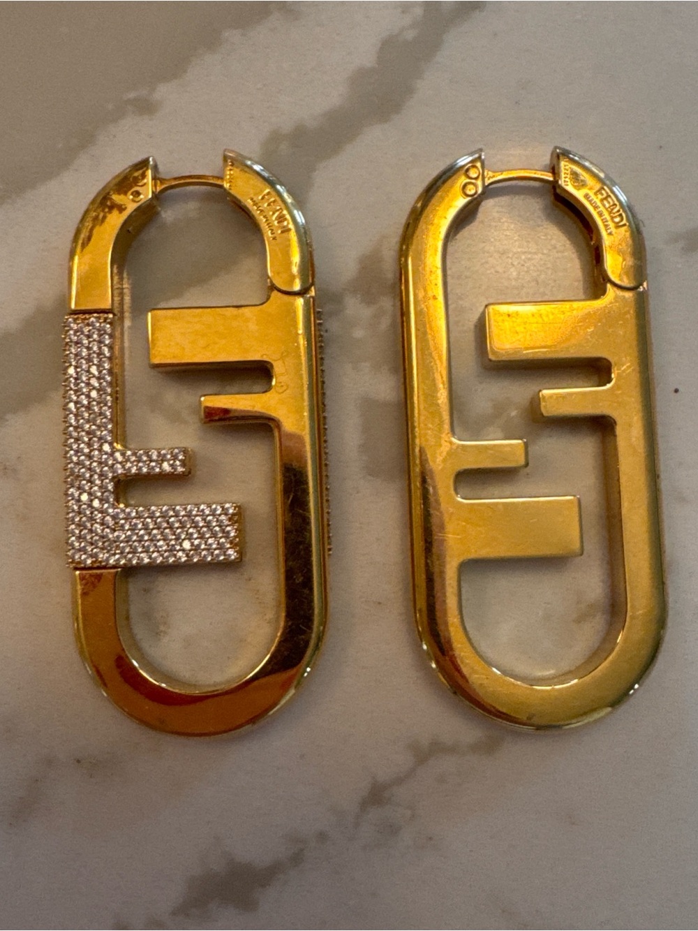 Fendi Gold F-Logo Drop Earrings with Crystal Pavé Accent
